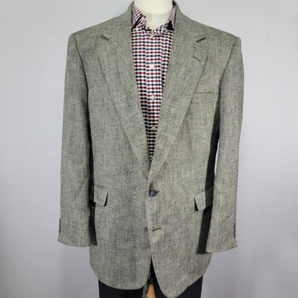 Haggar Men's Sport Coat Blazer Two Button Herringbone Silk Blend Gray Size‎ 46L